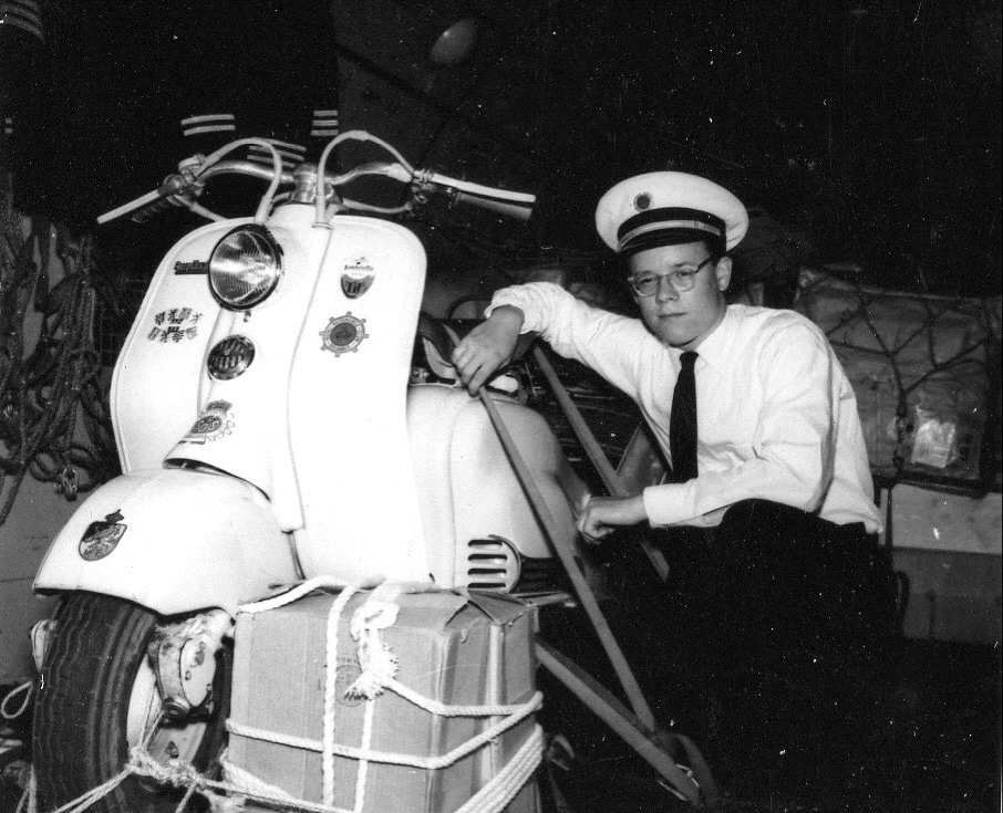 Peter Leslie at Canton Island working for Pan Am w scooter
