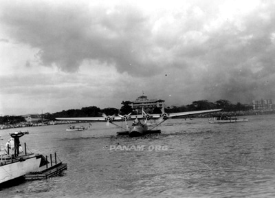 Mission to China Part 3 China Clipper approaching landing barge Manila Nov 29 1935 rsz
