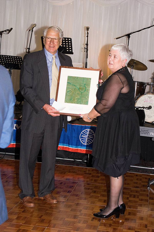 Pan Am Historical Foundation Chairman Ed Trippe presents Margaret OShaughnessy original interior fabric from Pan Am Boeing 314 flying boat