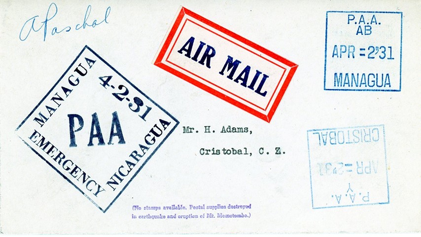"No Stamp Available" - `Letter discovered signed by Archie Paschal after the Earthquake in Managua
