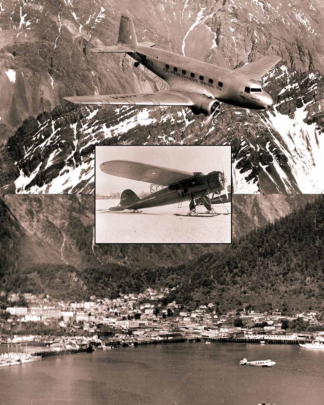 Panagra DC-2 in the Andes, Consolidated Fleetster with skis, Pacific Alaska L-10 Electra over Juneau.