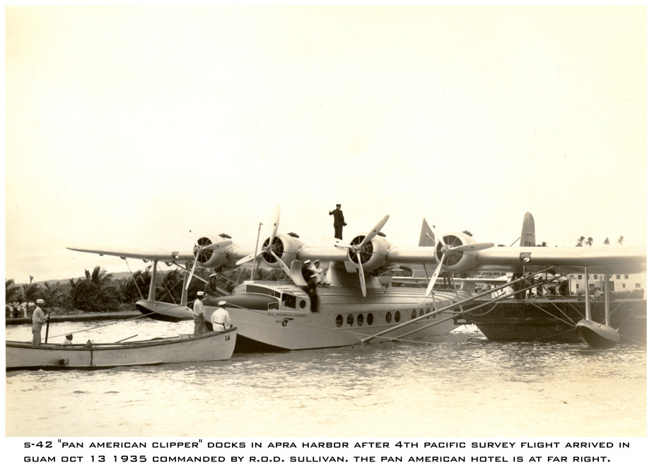 1935 Guam S-42 Pan American Clipper docks in Apra Harbor after 4th Pacific Suvey Flight arrived in Guam October 13, 1935. Commanded by R.O.D. Sullivan.