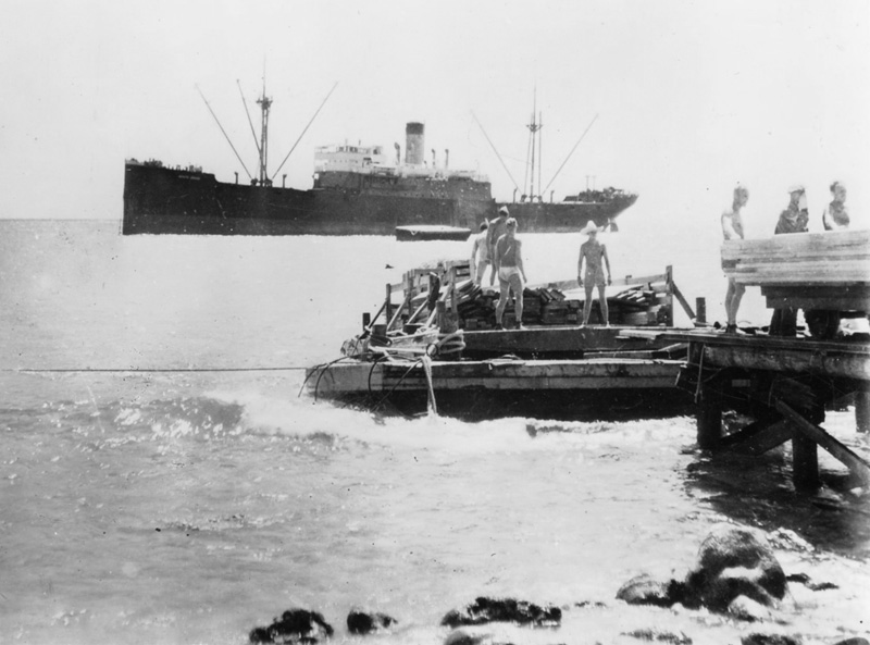 SS North Haven unloading at Wilkes Island Wake Atoll