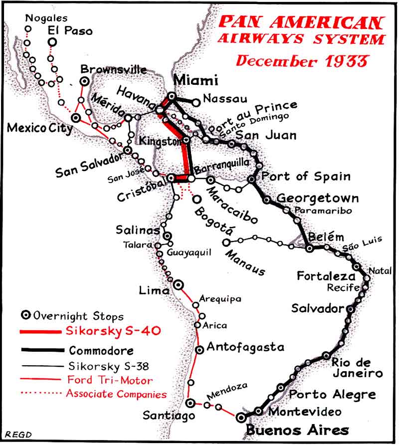 Pan American Airways System Route Map, December 1933. Used with permission from R.E.G. Davies' book "Pan Am, Its Airline and Its Aircraft p. 28