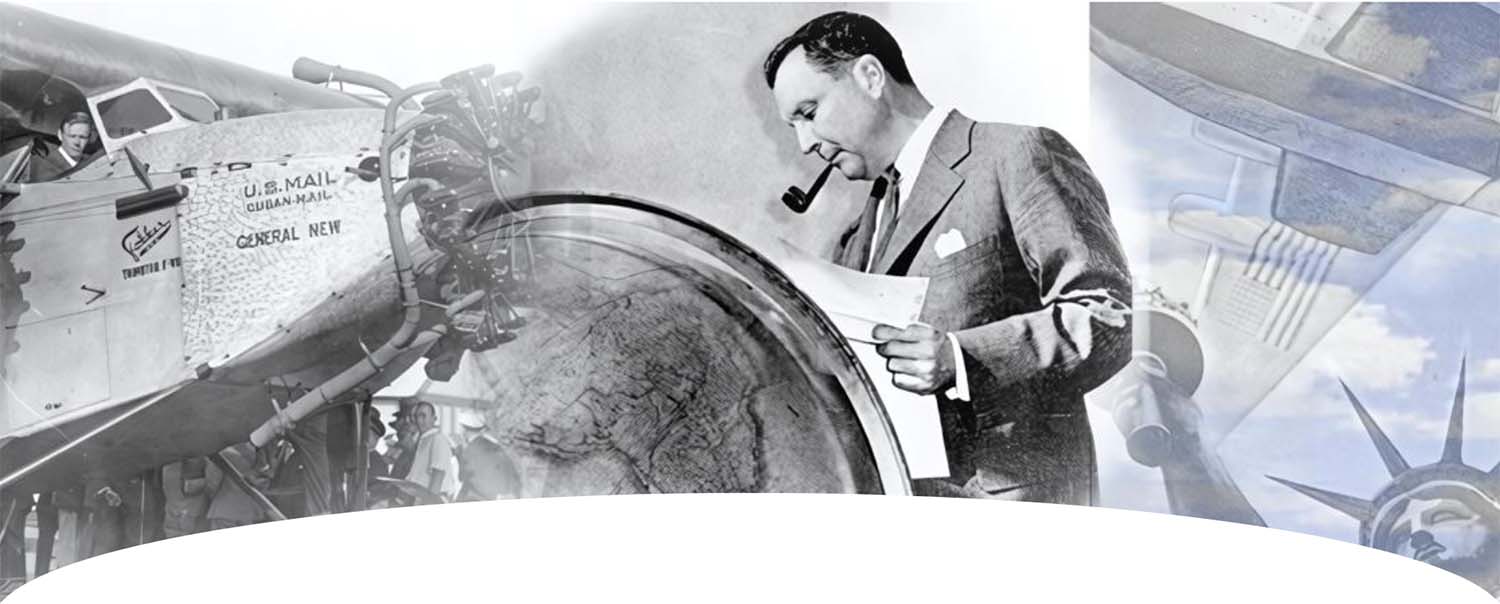 Juan Terry Trippe with his globe, flying boat over the Statue of Liberty, early Pan Am Fokker land plane