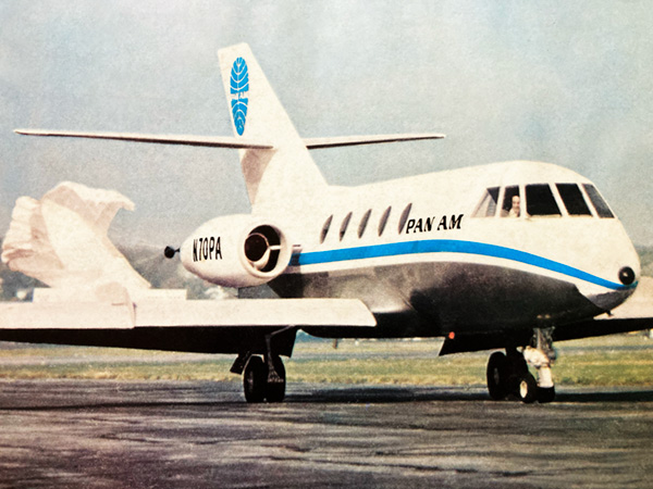 Pan Am Dassault Falcon business jet, using a drogue chute to decelerate on landing