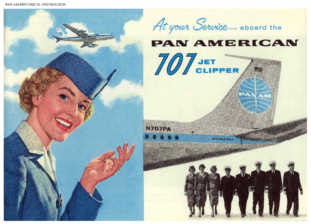Stewardess and Crew in Pan Am Boeing 707 Jet Clipper in advertisment illustration